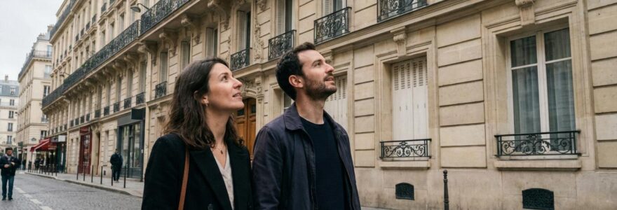 Couple cherchant une agence immobilière devant façade haussmannienne parisienne