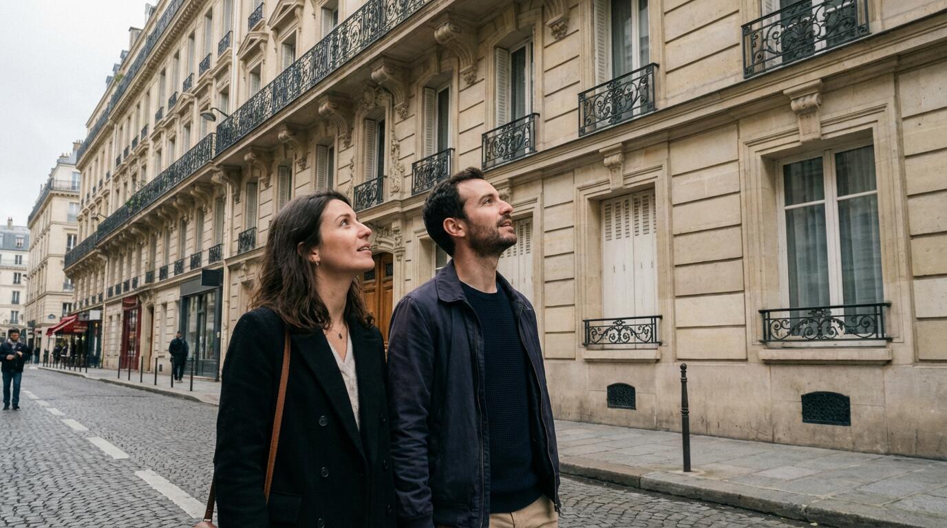 Couple cherchant une agence immobilière devant façade haussmannienne parisienne