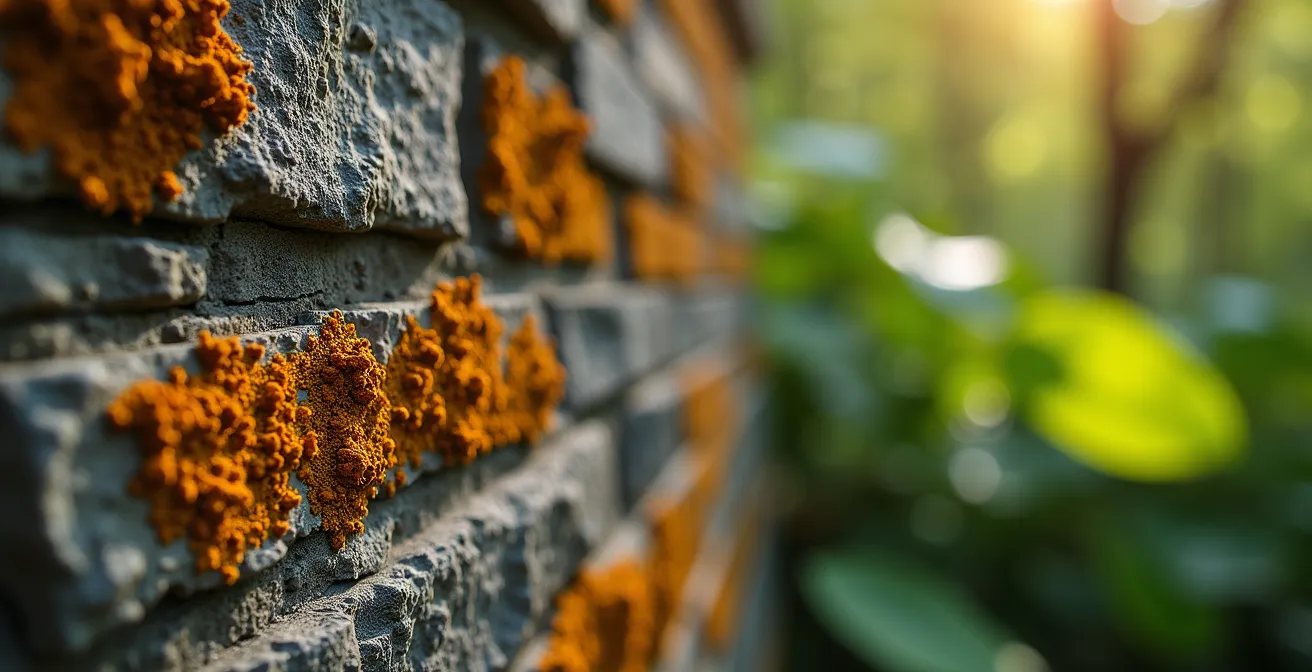 Détail macro d'un mur en pierre de schiste corrézien avec lichens naturels