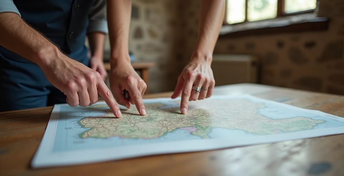 Mains d'un couple examinant une carte détaillée de la Corrèze sur table en bois