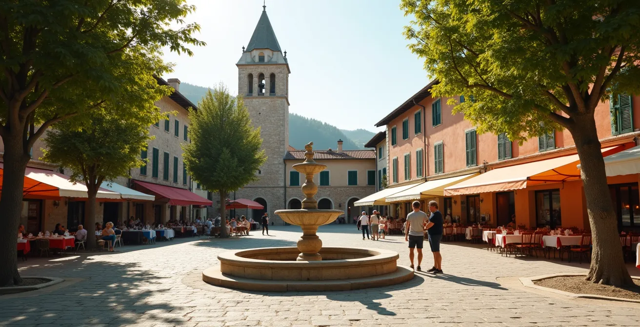 Place de village corrézien animée avec marché local et habitants discutant