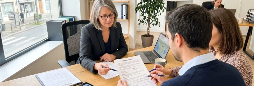 Un couple vu de dos consulte des documents immobiliers avec un agent assis en face, dans un bureau moderne éclairé par la lumière naturelle d'une fenêtre