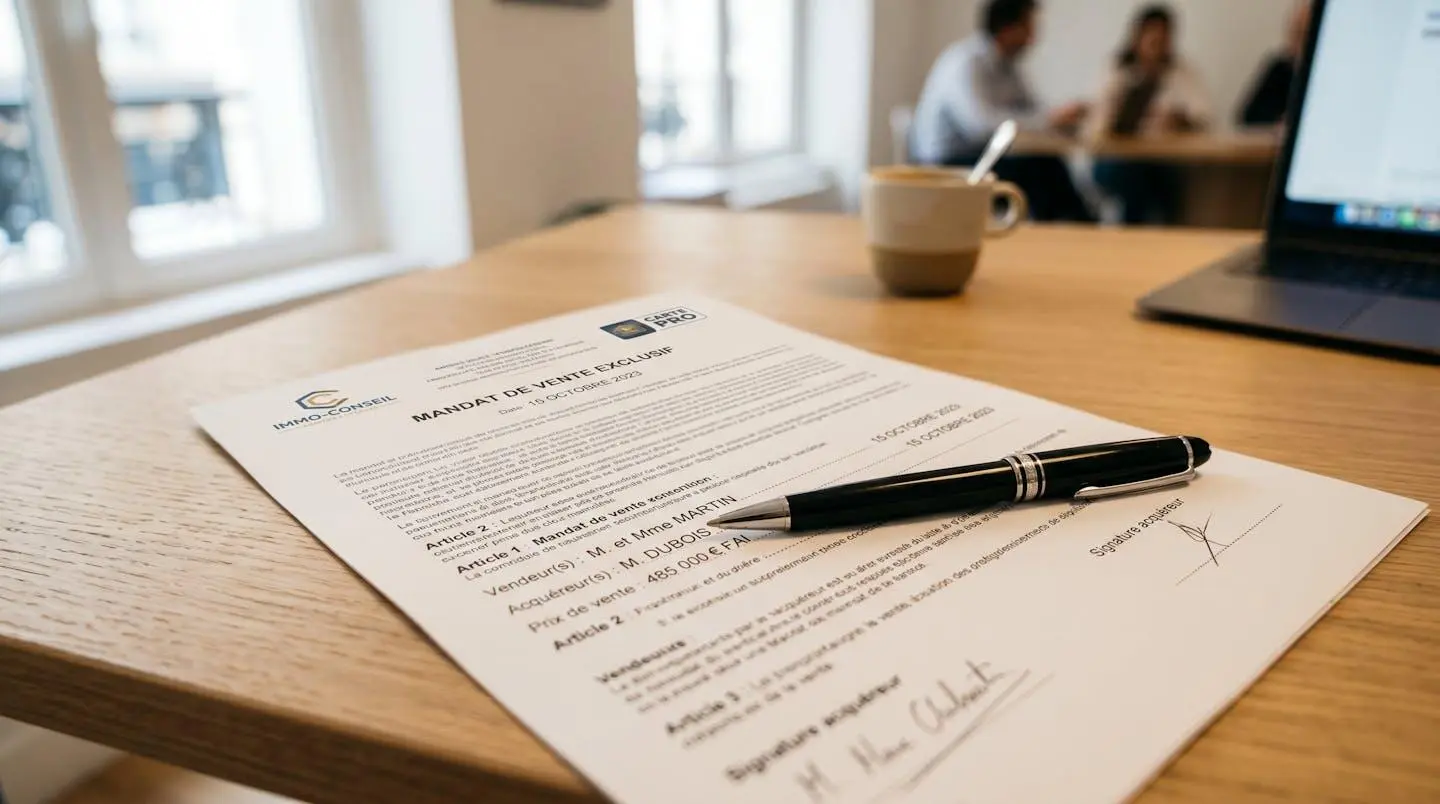 Gros plan sur un document de mandat de vente immobilier posé sur un bureau moderne, avec une signature manuscrite floue en arrière-plan