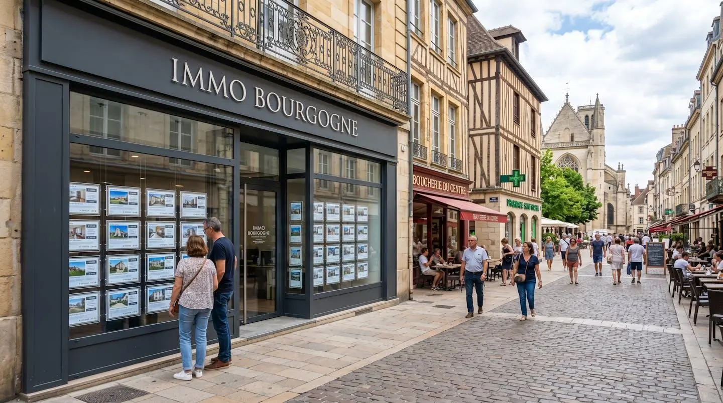 Vue en angle large d'une vitrine d'agence immobilière moderne avec des annonces affichées, située dans une rue piétonne de Dijon avec l'architecture locale en arrière-plan sous la lumière naturelle du jour