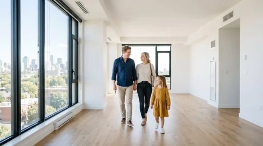 Couple et enfant visitant un appartement neuf lumineux lors d'une visite immobilière