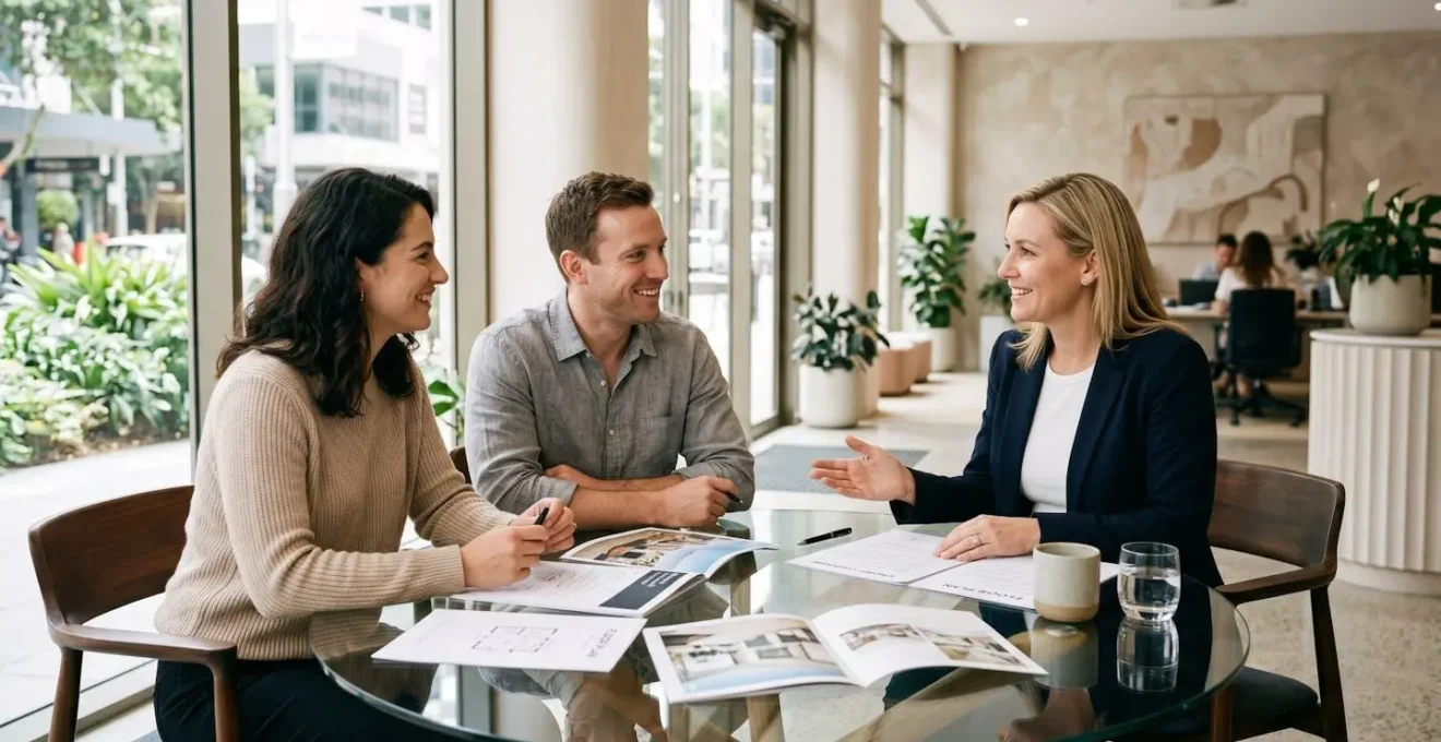 Un couple assis en face d'une conseillère immobilière dans une agence lumineuse, en train d'échanger autour de documents posés sur une table vitrée