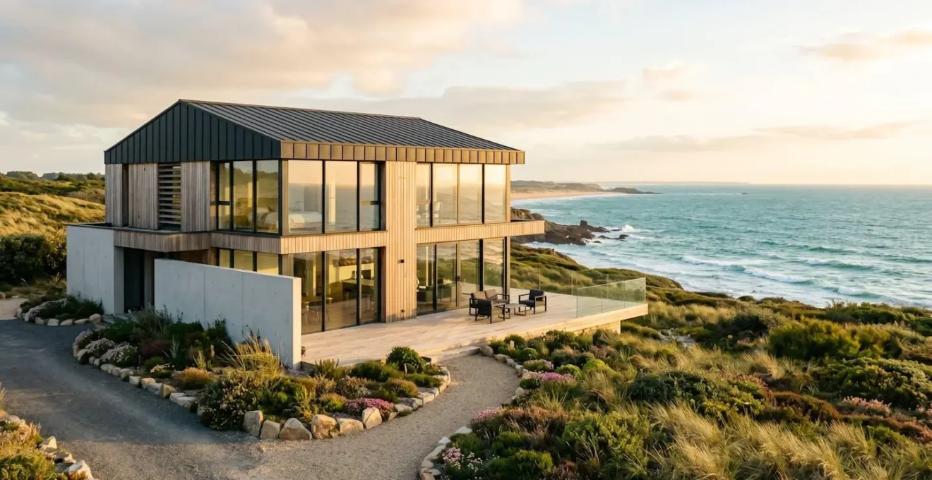 Façade d'une maison neuve contemporaine en Vendée avec vue sur le littoral atlantique par temps ensoleillé