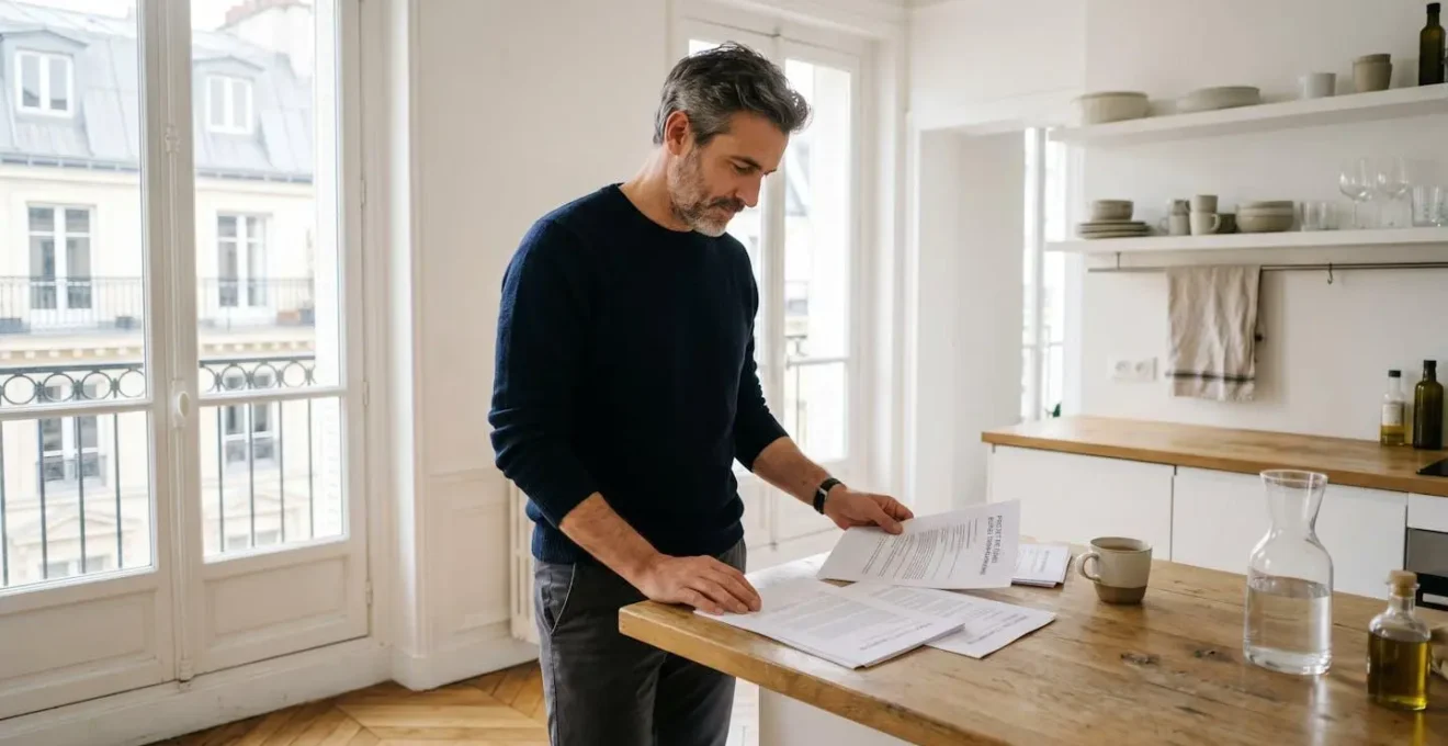 Propriétaire debout dans un appartement lumineux, feuilletant des documents de vente posés sur un comptoir en bois clair
