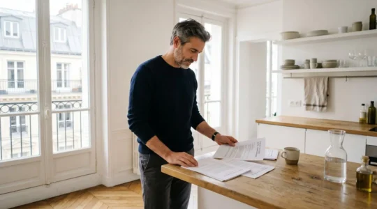 Propriétaire debout dans un appartement lumineux, feuilletant des documents de vente posés sur un comptoir en bois clair