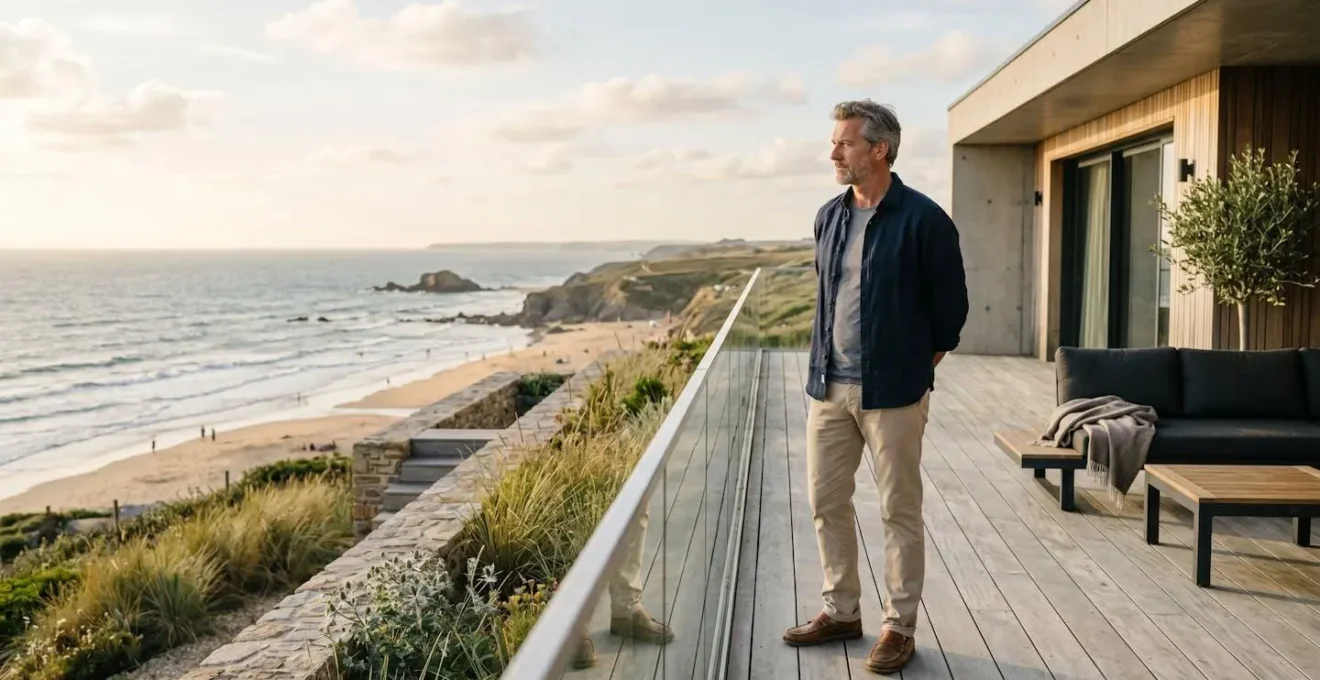 Propriétaire contemplant sa maison neuve en bord de mer en Vendée, calculant le bon moment pour revendre