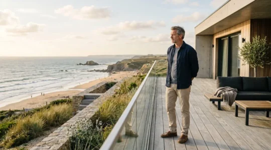 Propriétaire contemplant sa maison neuve en bord de mer en Vendée, calculant le bon moment pour revendre